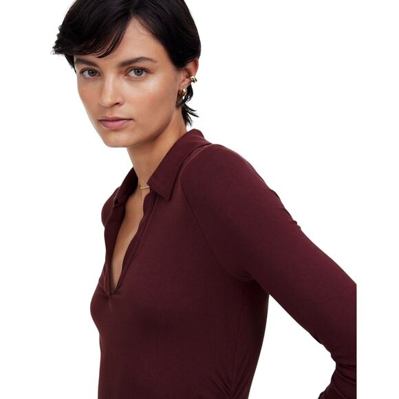 Madewell Burgundy Stretch Polo Top XS Long Sleeve Collared Jersey NWT - Picture 4 of 8
